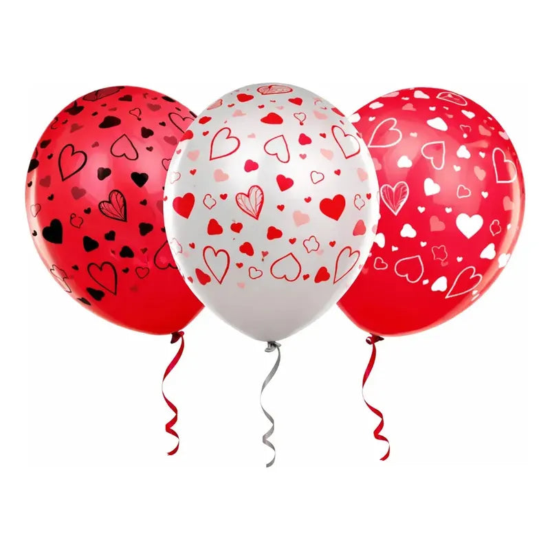 Globos Látex Estampados Corazones Fiesta Amor 30cm X 12 Unid Rojo