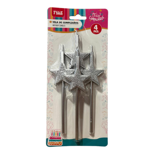 Set 4 Velas De Cumpleaños Estrellas Plateadas Glitter