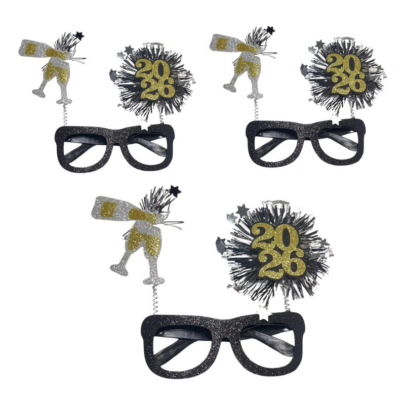 Lentes Cotillón Año Nuevo 2026 Glitter Pack 3 Unidades Negro