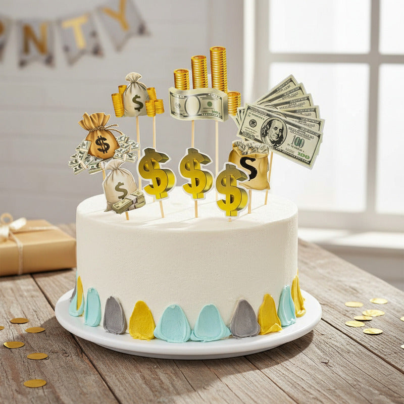 Set Toppers Decorativos Dinero Dólar Para Torta Fiesta Dorado