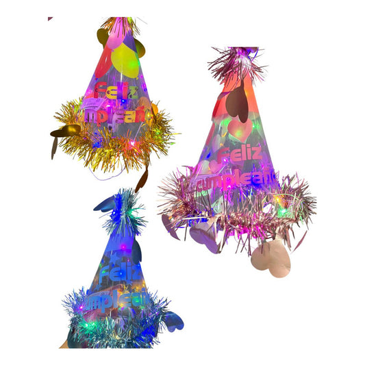 Gorro Feliz Cumpleaños Cono Luces Led Cotillon