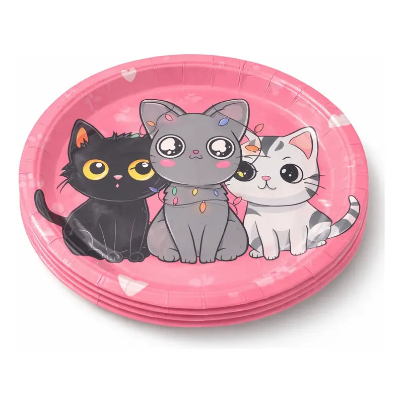 6 Platos De Cartón Gatitos Kawaii Fiesta Cumpleaños Rosa