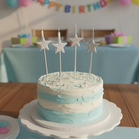 Set 4 Velas De Cumpleaños Estrellas Plateadas Glitter