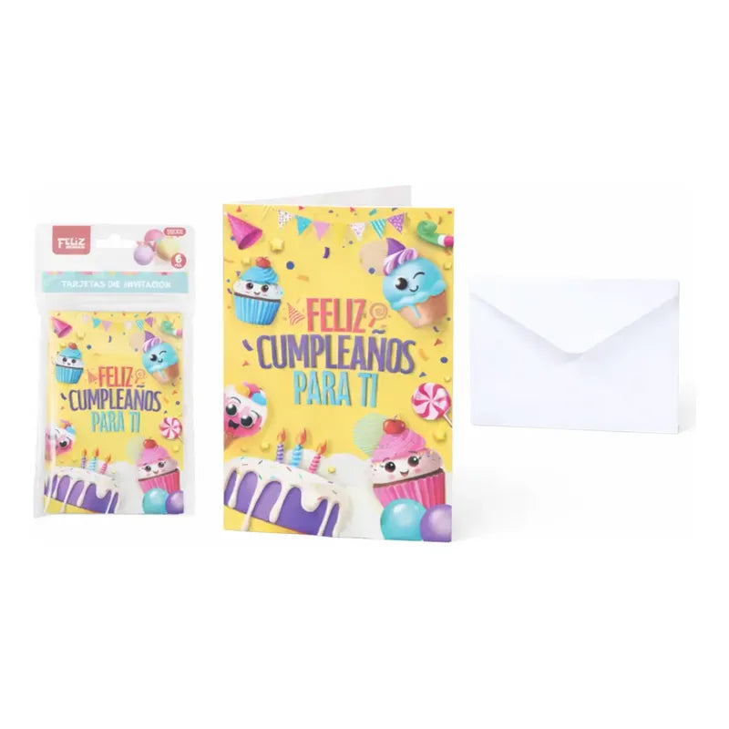 Tarjetas Invitación Cumpleaños Infantil Pack 6 Unidades Amarillo