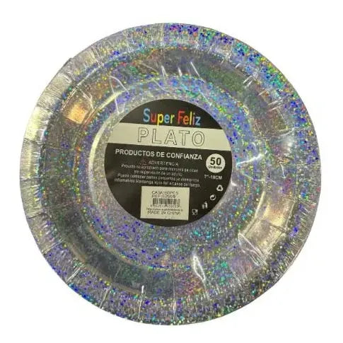 Pack 50 Platos Poli Papel Carton Holograficos Plateados Plateado