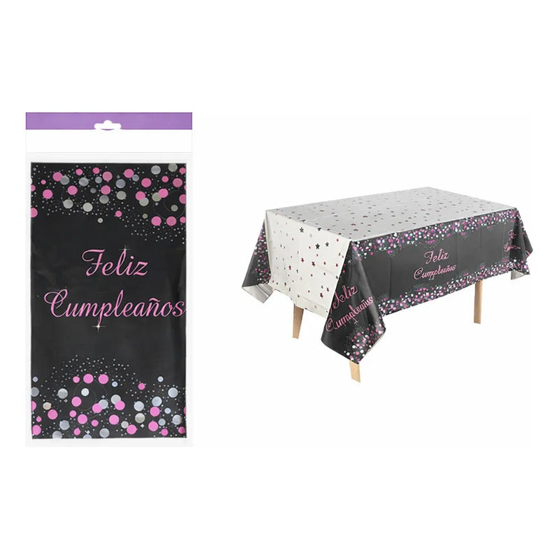 Mantel Feliz Cumpleaños Negro Fucsia Fiesta Cotillón Negro