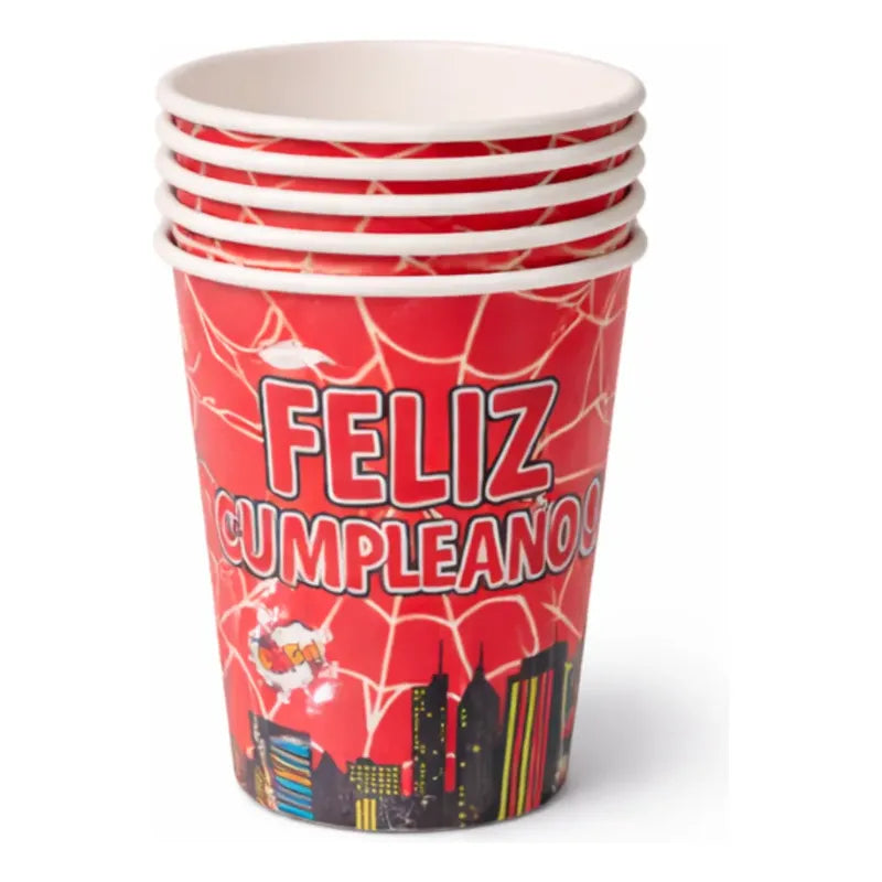 Pack 6 Vasos Polipapel Feliz Cumpleaños Hombre Araña Rojo