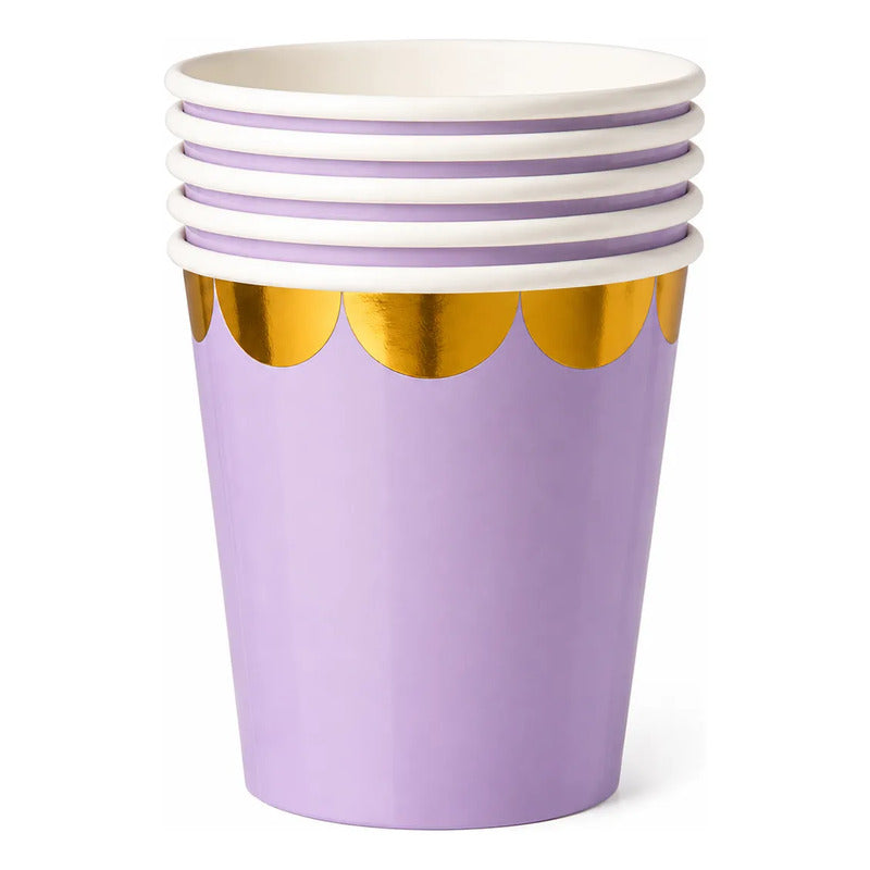Pack 10 Vasos De Papel Pastel Con Borde Dorado Para Fiestas Lila
