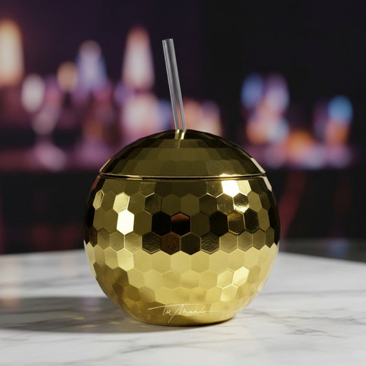 Vaso Copa Dorado Bola Disco Con Tapa Y Bombilla Para Fiestas Dorado