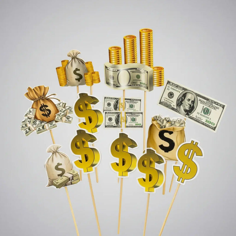Set Toppers Decorativos Dinero Dólar Para Torta Fiesta Dorado