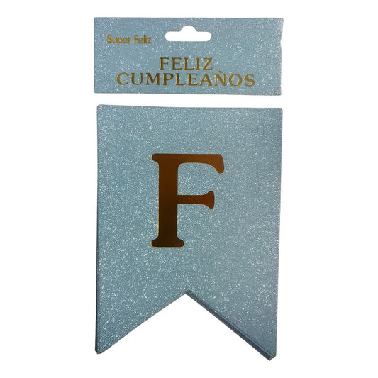 Cotillón Guirnalda Banderin Feliz Cumpleaño Celeste Glitter