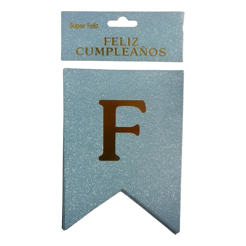 Cotillón Guirnalda Banderin Feliz Cumpleaño Celeste Glitter Celeste Con Glitter Y Letras Doradas Feliz Cumpleaños