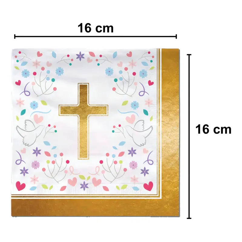 Set 12 Servilletas Religioso Cruz Dorada Primera Comunión Color Blanco