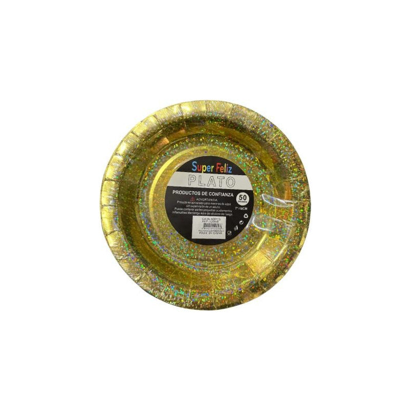 Pack 50 Platos Poli Papel Carton Holograficos Dorados Dorado