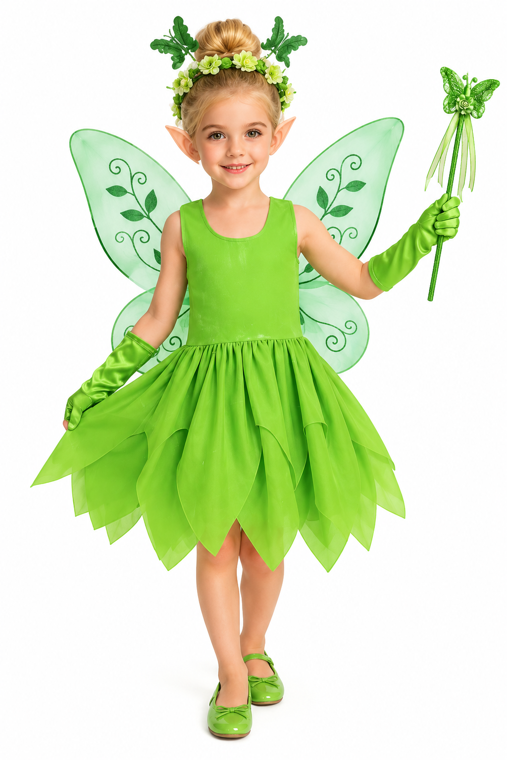 Disfraz De Hada Verde Niña Infantil Con Alas Y Accesorios talla 5-6