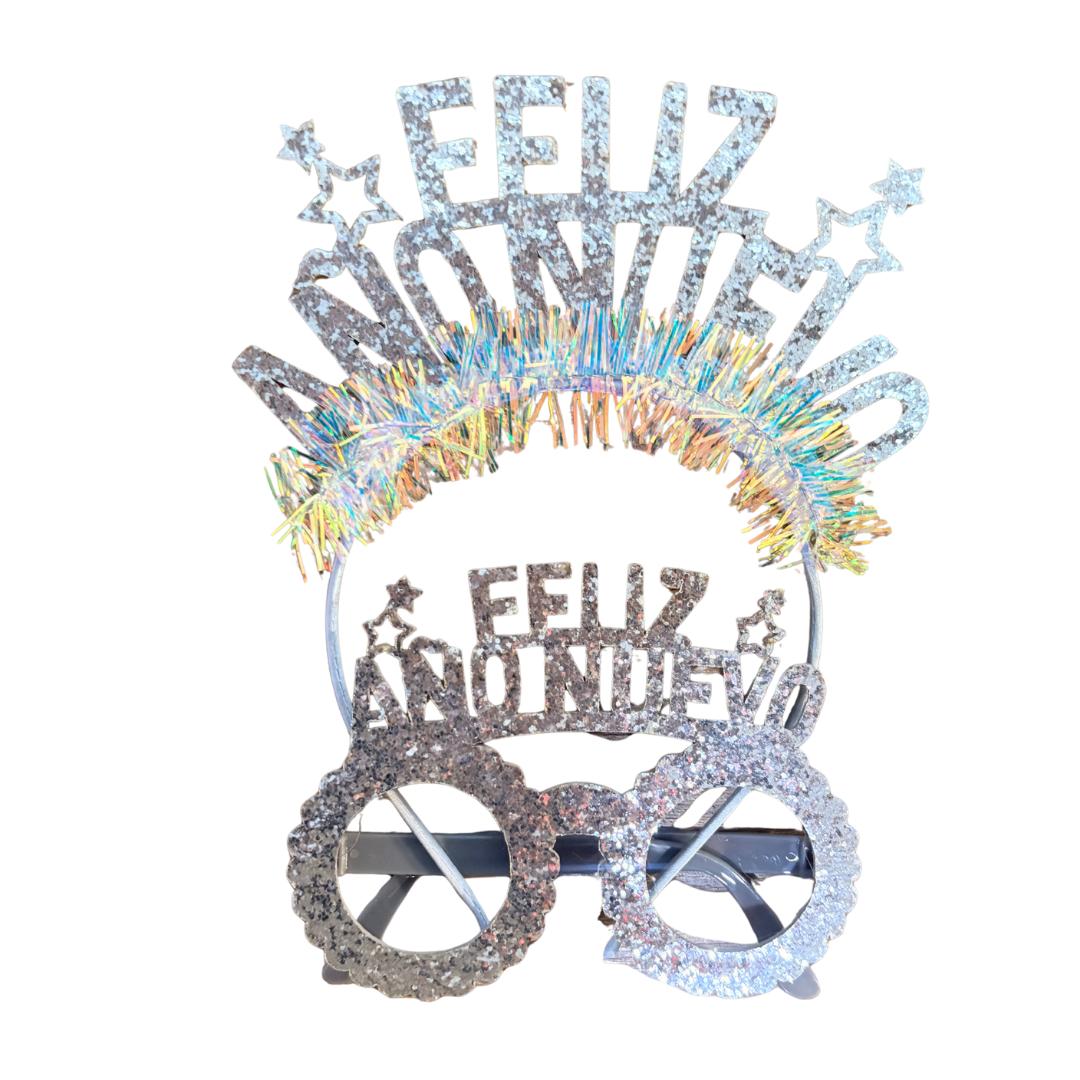 Pack Cintillo + Lentes Feliz Año Nuevo Cotillón Dorado