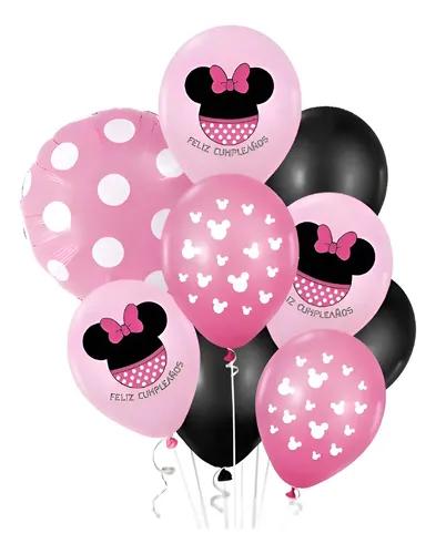 Set Globos Minnie Mouse Rosa Y Negro Cumpleaños Fiesta