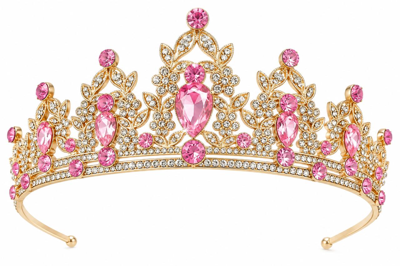 Tiara Corona Dorada Con Pedrería Rosada Y Cristales Cotillón