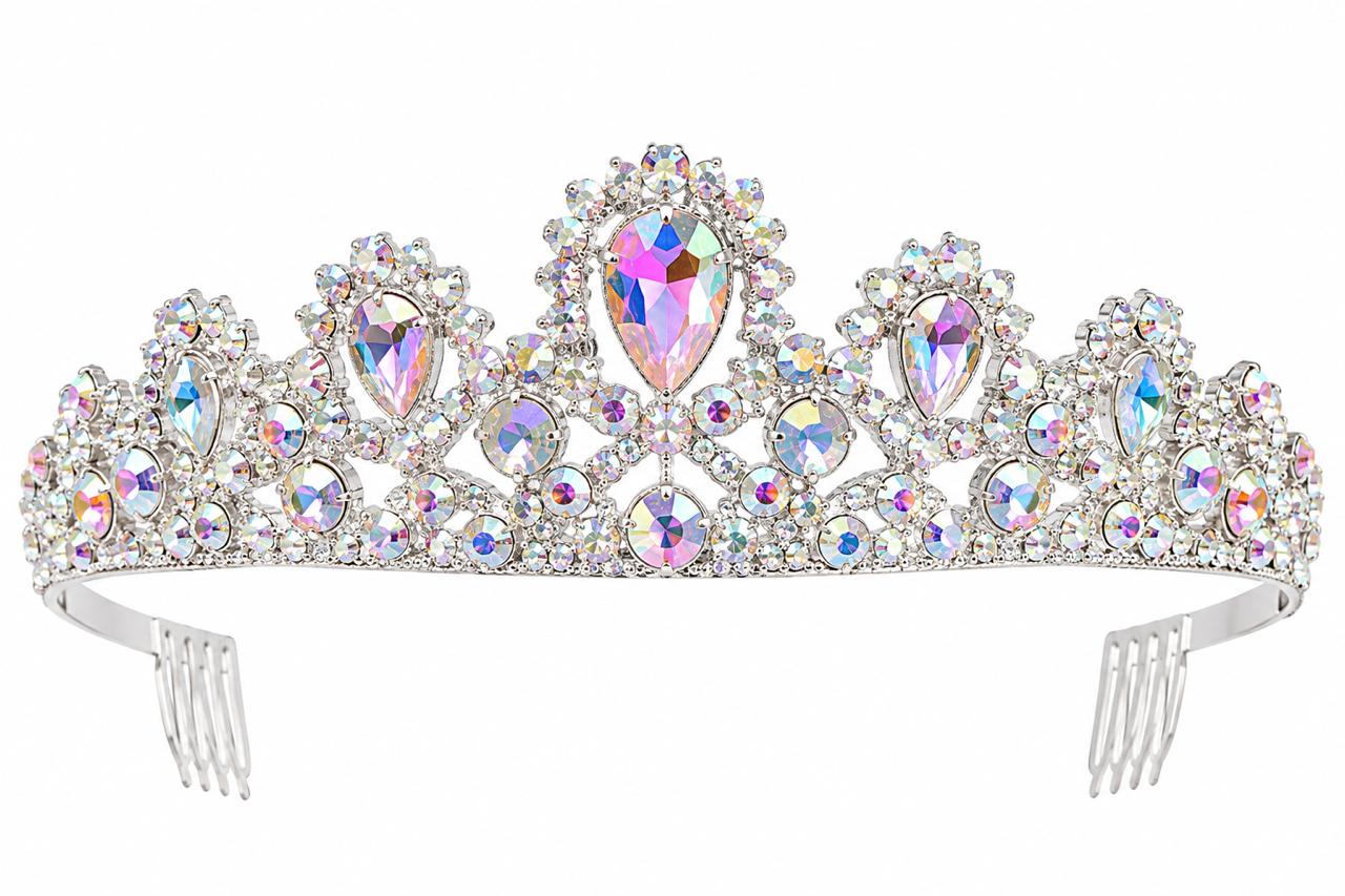 Tiara Corona Plateada Con Pedrería Multicolor Para Mujer