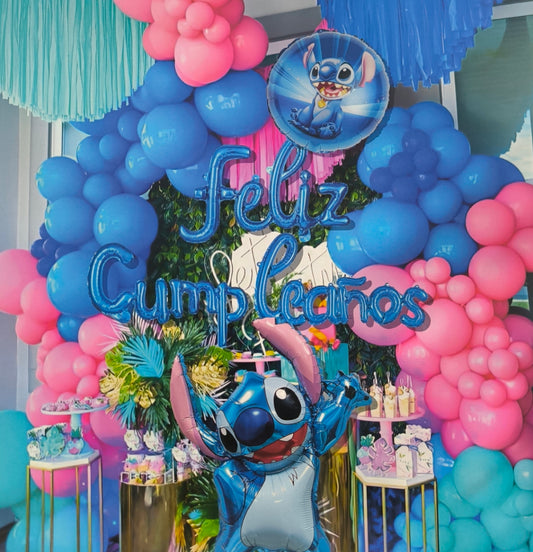 Kit Decoración Globos Stitch Feliz Cumpleaños cotillón