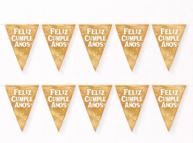 Banderín Feliz cumpleaños triángulos dorado