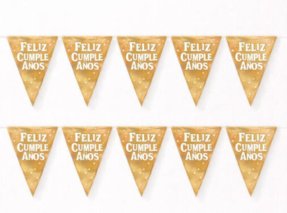 Banderín Feliz cumpleaños triángulos dorado