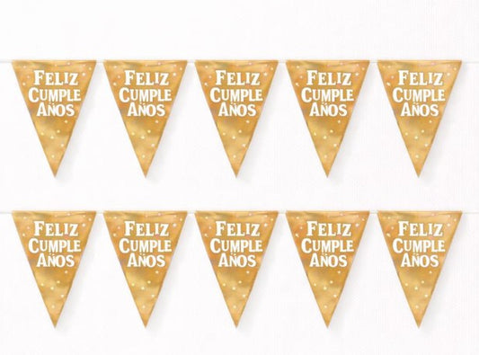 Banderín Feliz cumpleaños triángulos dorado