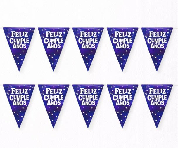 Banderín Feliz cumpleaños triángulos azul