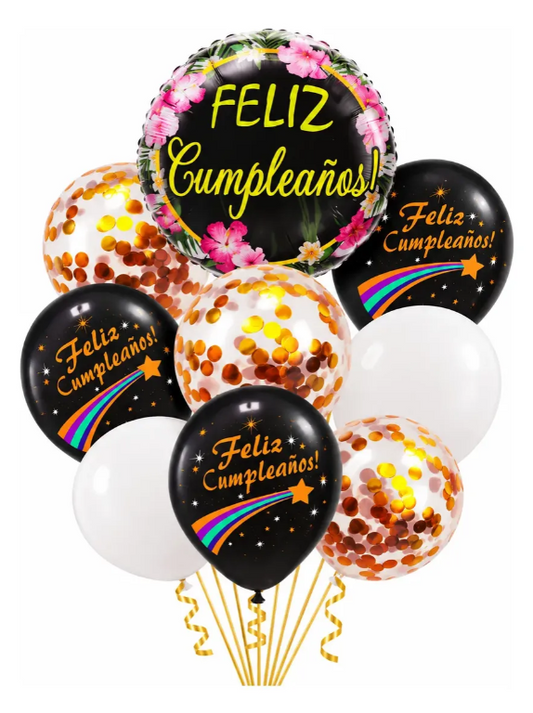 Set De Globos Negro Dorado Feliz Cumpleaños 9 Piezas