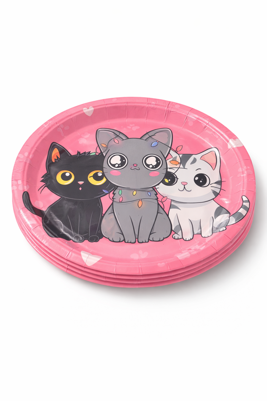 6 Platos De Cartón Gatitos Kawaii Rosado