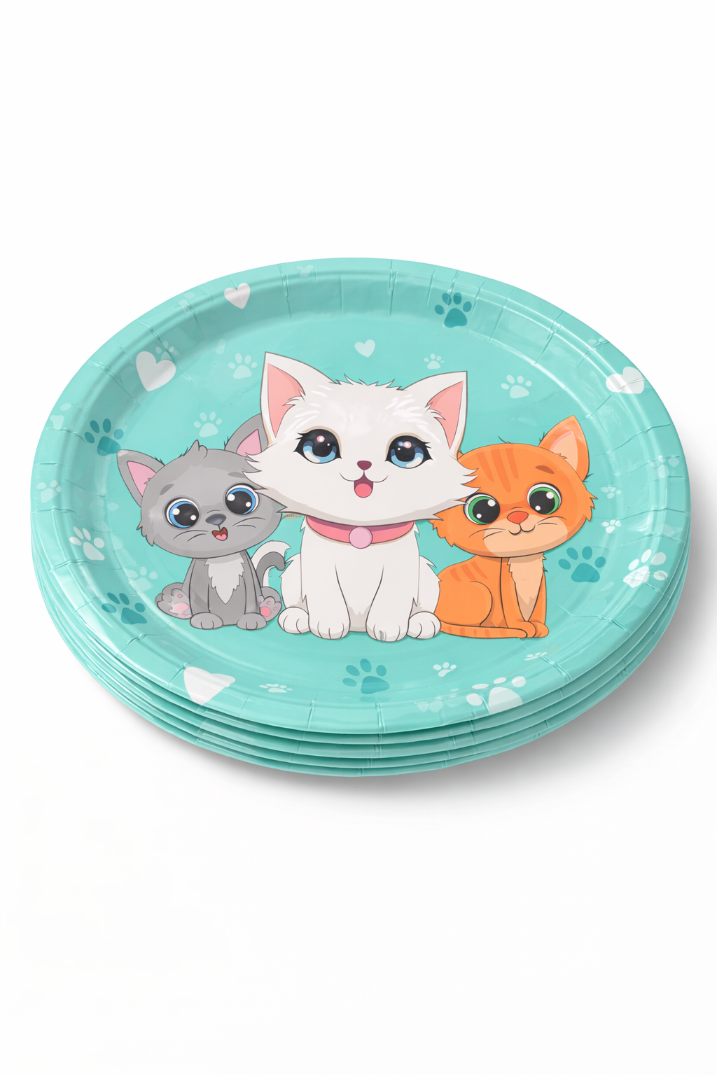 6 Platos De Cartón Gatitos Kawaii Turquesa