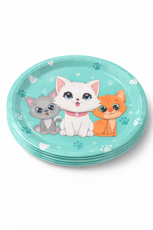 6 Platos De Cartón Gatitos Kawaii Turquesa