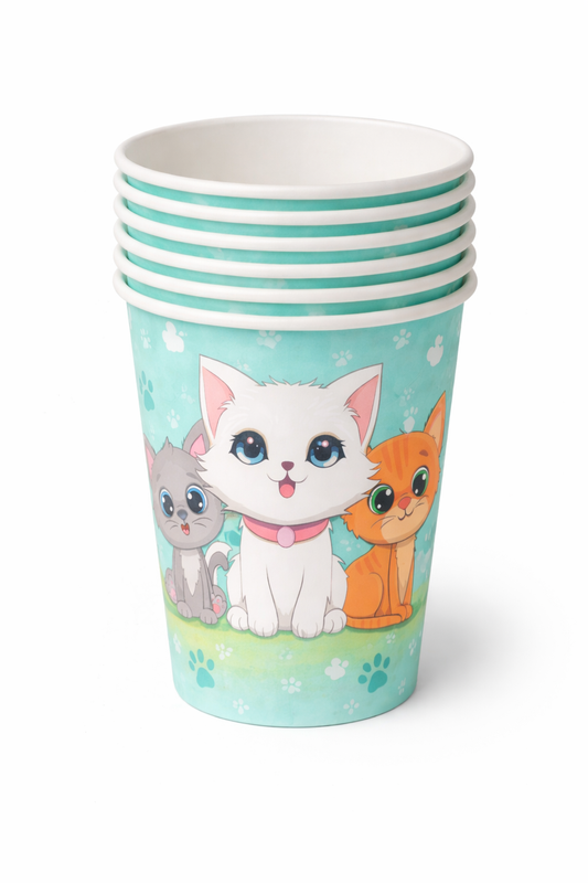 Pack 6 Vasos De Gatitos Kawaii Para Cumpleaños turquesa