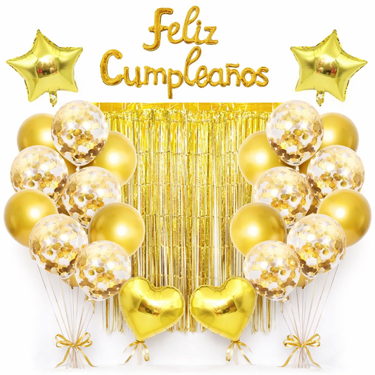 Set Decoración Globos Dorados Feliz Cumpleaños Fiesta