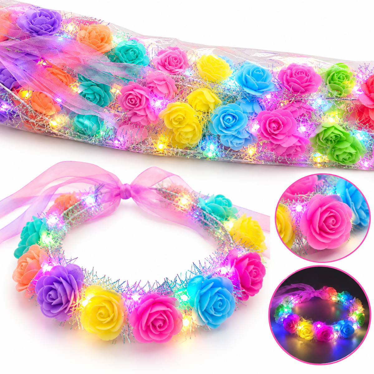 X 10 Cintillo De Fiestas Flores Luces Multicolor Con Cinta
