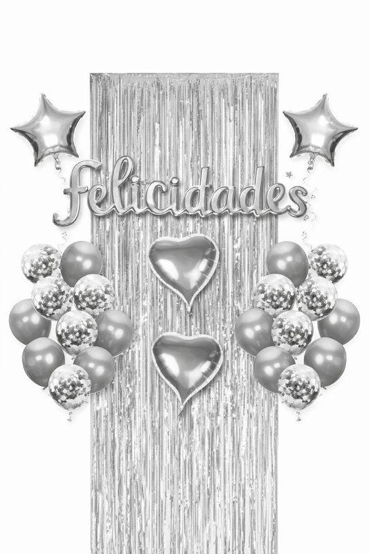 Set De Globos Plateados Felicidades Decoración Fiesta