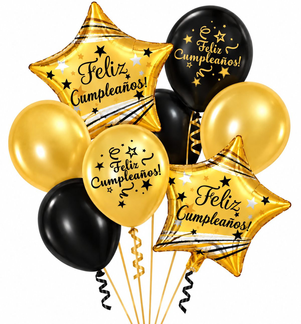 Set De Globos Feliz Cumpleaños Dorados Y Negros Estellas