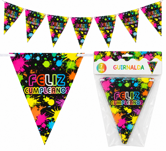 Guirnalda Banderin Feliz Cumpleaños Diseño Manchas Fluor