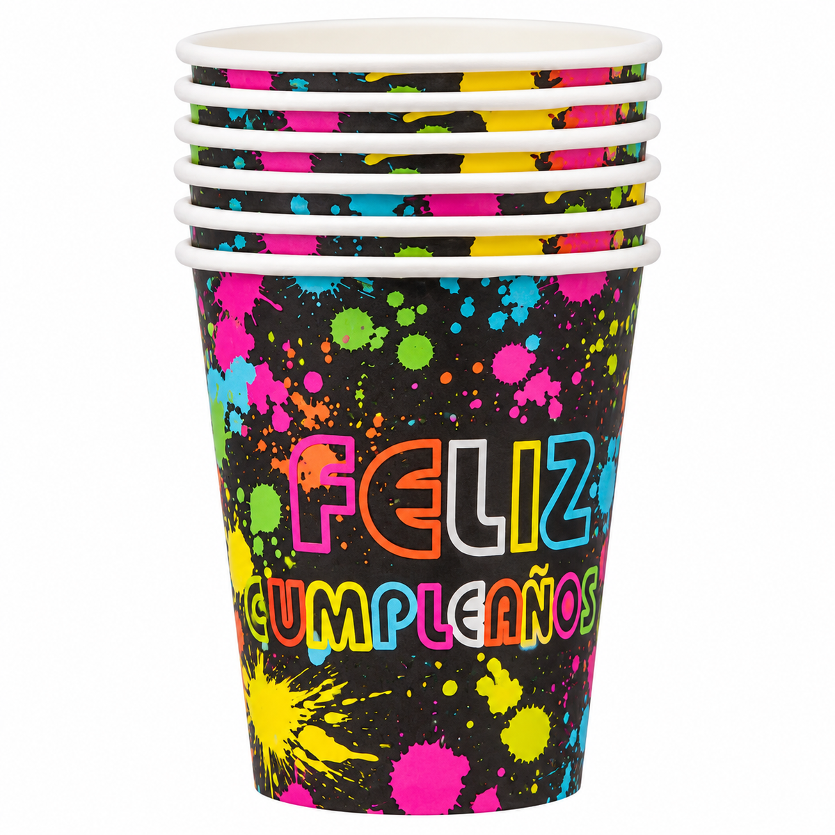 Vasos De Cumpleaños Con Diseño Manchas Colores Flúor X 6