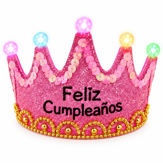 Corona De Cumpleaños Rosa Con Brillos Y Luces Led