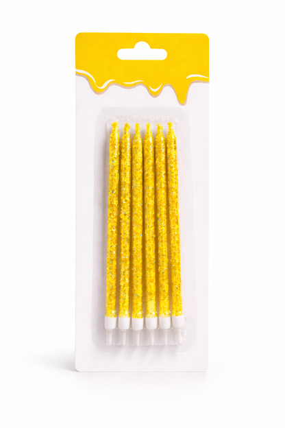 6 Unidades Velas De Cumpleaños Largas Amarillo Con Glitter 12 cm