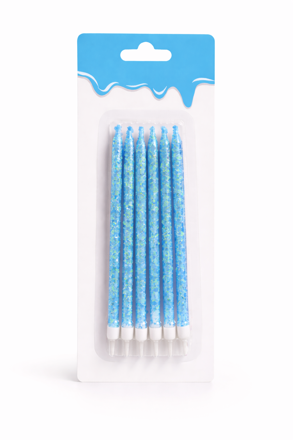 6 Unidades Velas De Cumpleaños Largas Celeste Con Glitter 12cm