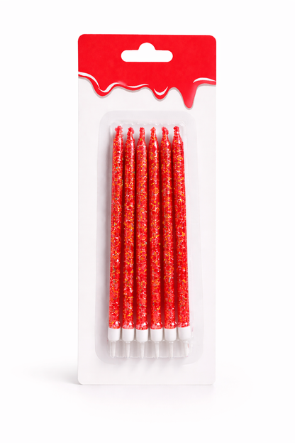6 Unidades Velas De Cumpleaños Largas Rojo Con Glitter 12cm