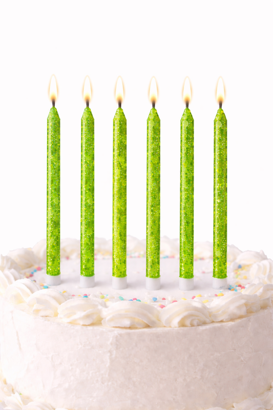 6 Unidades Velas De Cumpleaños Largas Verdes Con Glitter 12cm