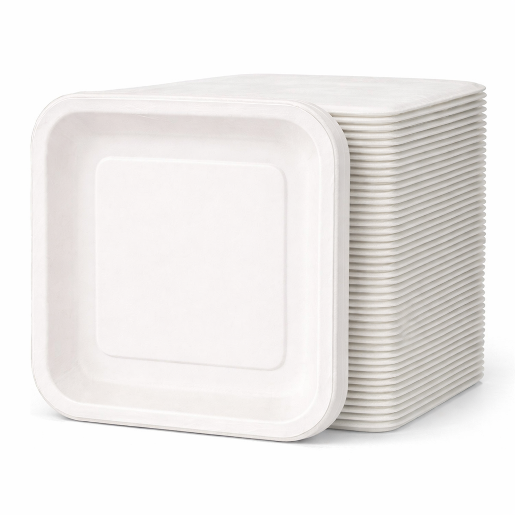 50 Platos Desechables Cuadrados Biodegradables Blancos 18 Cm