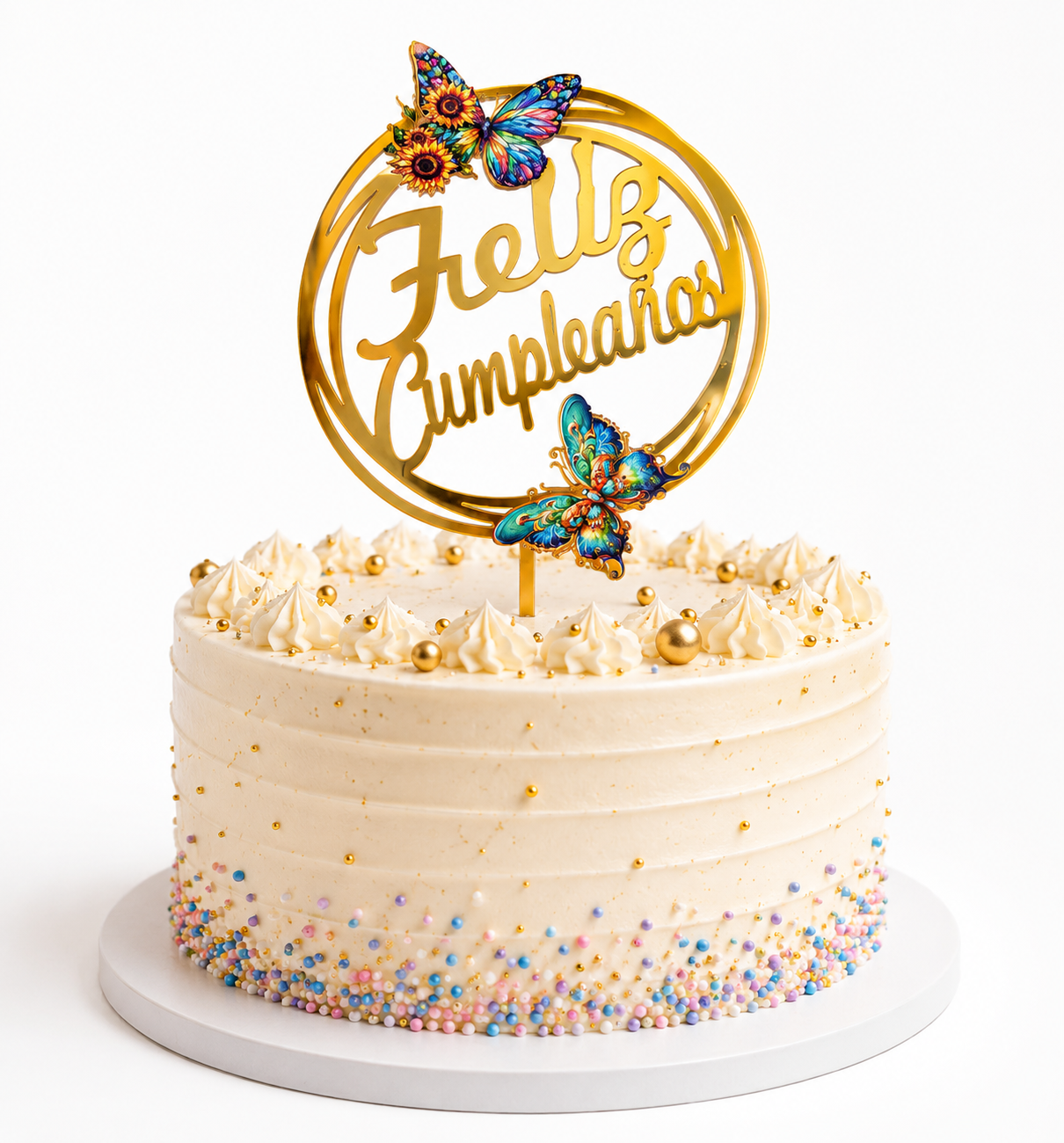 Topper De Torta Feliz Cumpleaños Mariposas Dorado Acrilico