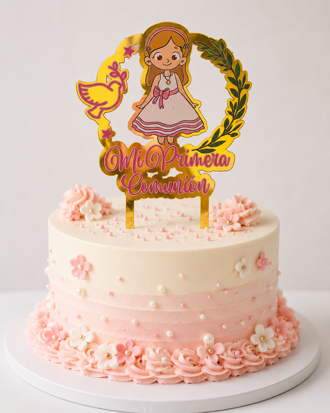 Topper Para Torta Mi Primera Comunión Niña Dorado Acrílico