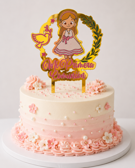 Topper Para Torta Mi Primera Comunión Niña Dorado Acrílico