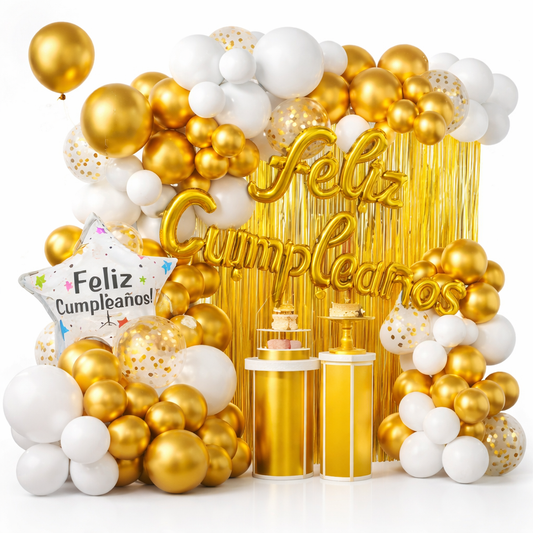 Decoración Cumpleaños Candy Bar Globos Dorados Y Blancos