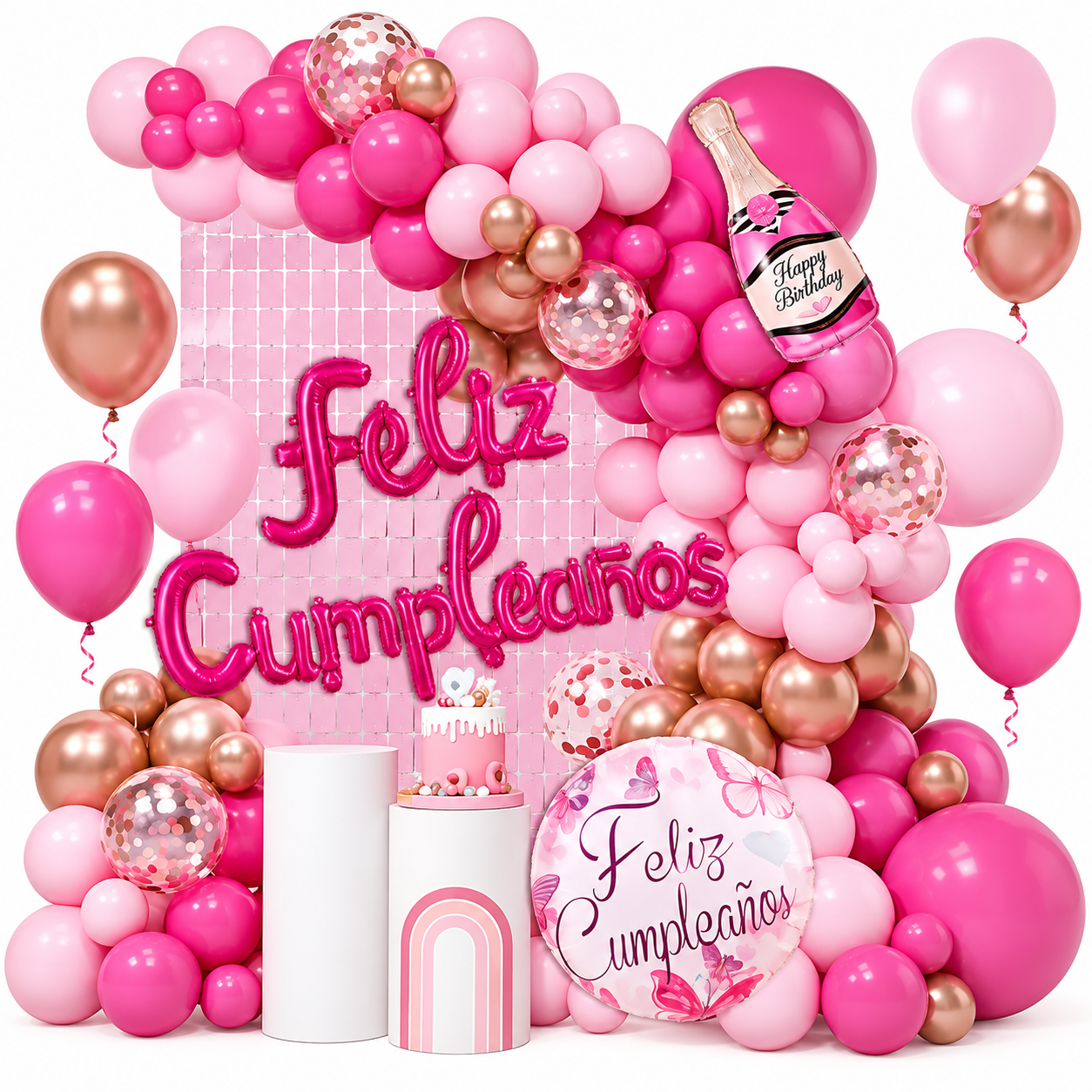 Kit Decoración Cumpleaños Globos Feliz Cumpleaños Color Rosa